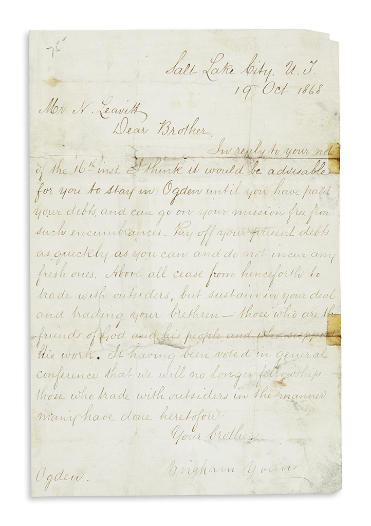 (MORMONS.) YOUNG, BRIGHAM. Autograph Letter Signed, to Mr. N. Leavitt,